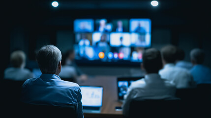 Virtual Meeting in the Dark: In a dimly lit room, a group of colleagues attends a virtual meeting, their faces illuminated by the glow of the large screen.