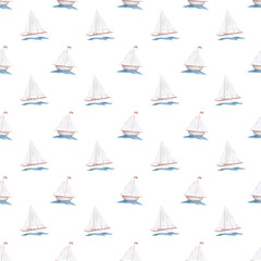 A boat with white sails and a flag on the waves. Seamless pattern. Watercolor illustration. A sailing yacht with a red stripe on board, isolated on a white background. For marine-style decor