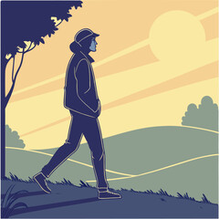 Contemplative Journey: A solitary individual strolls along a serene path, immersed in introspection amidst the peaceful natural surroundings.