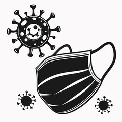 Mask and Virus in Silhouette: A black-and-white illustration featuring a protective mask alongside the depiction of a virus, emphasizing the importance of safety measures