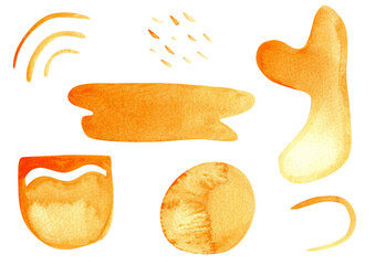 Orange abstract watercolor shapes collection. Hand painted bright minimal elements with organic forms and brush strokes. Ideal for modern design, branding, posters, cards and kids projects