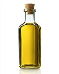 A glass bottle filled with olive oil, featuring a cork stopper against a white background.