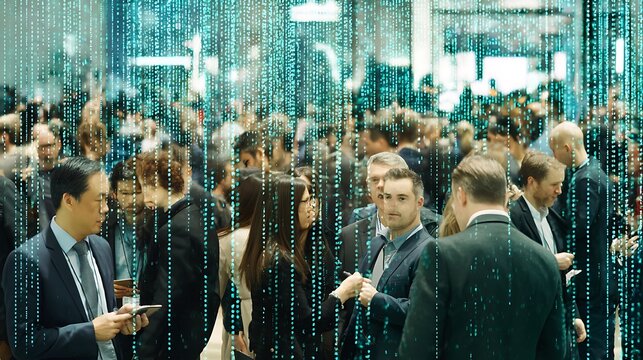 Tech conference attendees networking virtual overlay