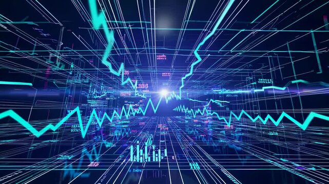 Dynamic abstract visualization graphs financial data analysis using luminous intersecting digital lines. High-tech finance trade innovation through vivid visual elements futuristic digital network