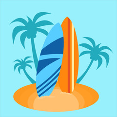 Two surfboards placed on the beach edge,
with tall coconut tree silhouettes behind,
flat art design style.