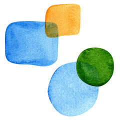 Watercolor round and square geometric shapes. Hand painted bright minimalist elements. Perfect for modern design, branding, posters, cards and children's projects