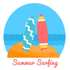 Two surfboards standing on a sand mound,
with ocean scenery in the background,
flat art design style.