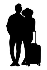 Silhouette of couple people walking with suitcase, luggage. Summer vacation and travel concept. Flat vector illustration isolated on transparent background.
