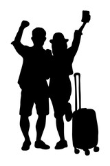 Silhouette of couple people walking with suitcase, luggage. Summer vacation and travel concept. Flat vector illustration isolated on transparent background.