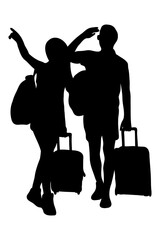 Silhouette of couple people walking with suitcase, luggage. Summer vacation and travel concept. Flat vector illustration isolated on transparent background.