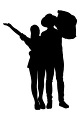 Silhouette of couple people walking with suitcase, luggage. Summer vacation and travel concept. Flat vector illustration isolated on transparent background.