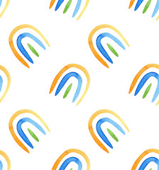 Seamless pattern with abstract watercolor shapes in a minimalist rainbow. Fun modern design for kids, fabric, wallpaper, wrapping paper, digital prints