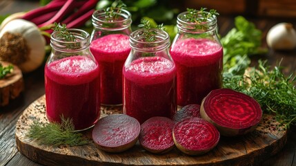 Four jars of vibrant beetroot juice surrounded by fresh vegetables on a wooden board.