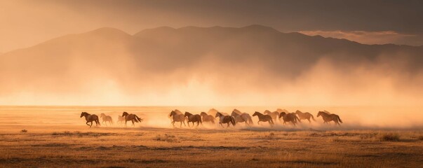 Wild horses galloping across a golden field at sunrise creating a dynamic and captivating scene