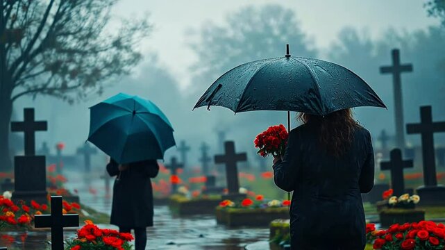 Two women with umbrellas stand in a cemetery on a rainy day. One woman holds red flowers. Gravestones are visible in the background.