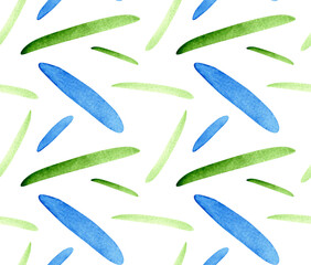 Seamless pattern with abstract watercolor brush strokes in blue and green. Hand painted bright geometric elements. Modern design for background, fabric, wallpaper, wrapping paper, digital prints