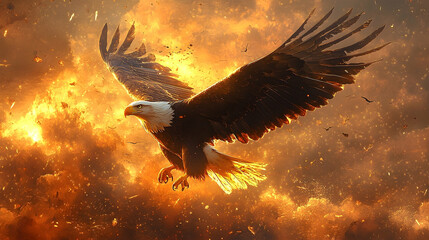 Majestic eagle soaring through a fiery explosion.