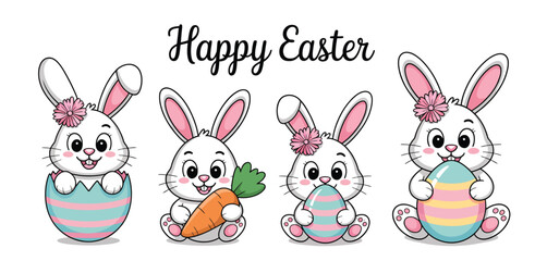 Adorable Easter Bunnies with Eggs and Carrot Illustration