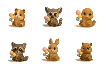 Obraz premium Adorable 3D Baby Animals Holding Pastel Balloons on White Background