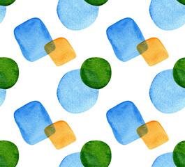 Seamless pattern with abstract watercolor shapes in circles and squares. Hand painted colorful geometric elements. Modern design for background, fabric, wallpaper, wrapping paper, digital prints