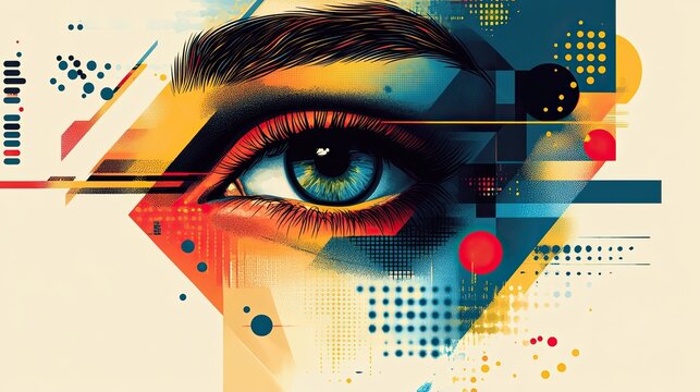 A close up of an eye with abstract geometric shapes in vibrant colors surrounding it in a design