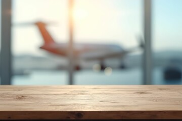 Empty wooden table with blurred airport background for backdrop and product presentation. Mockup template for artwork graphic design. Travel and transportation background