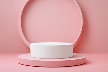 Minimalist pink backdrop with white circular pedestal display