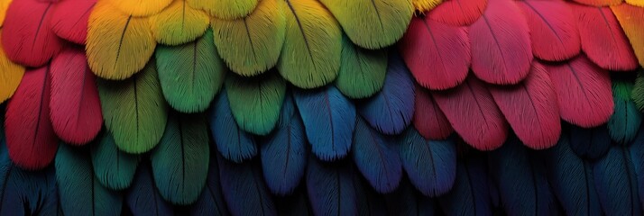 Vibrant multicolored parrot feathers in detailed close-up view