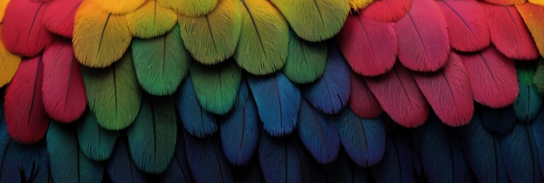 Vibrant multicolored parrot feathers in detailed close-up view
