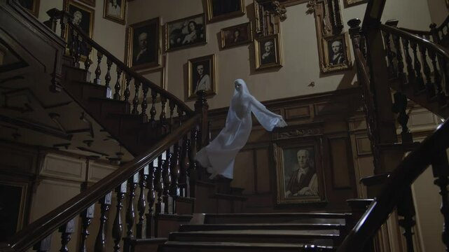 Spectral figure gliding upward along wooden staircase inside vintage haunted mansion, radiating supernatural eeriness during nighttime paranormal encounter