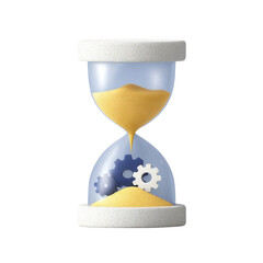An hourglass with yellow sand and three interlocking gears inside the lower chamber.