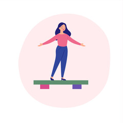Fototapeta premium Equilibrium: A woman maintains balance atop a wooden platform, arms outstretched, embodying steadiness, focus, and serenity in a minimalist illustration.