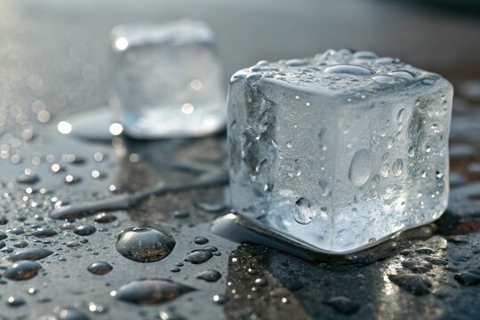 A melting ice cube on one side contrasts with an unmelted solid on the other, showcasing temperature dynamics.