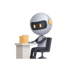 A robot sits at a desk, working with stacks of documents.
