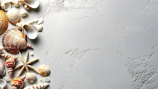 A close-up of a seashell collection on a smooth gray background.