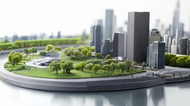 Miniature city model with trees rotating on white background, representing urban planning and eco-friendly design