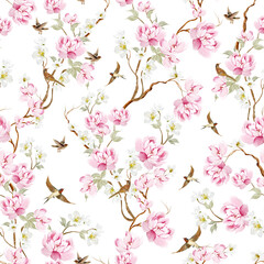 Chinoiserie floral seamless pattern with birds and flowers.