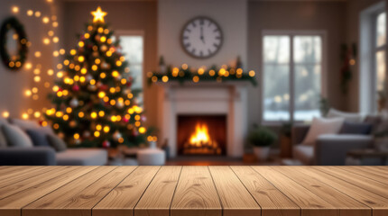 Festive living room backdrop with empty wooden table in foreground, Christmas atmosphere for holiday and gatherings