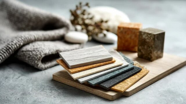 Material sample palette with stone and wood texture, fabric, and natural decor gray background, assorted stone countertop samples including granite and marble displayed wooden board with soft towel