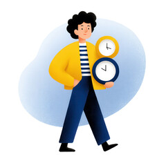 A person with curly hair wearing a yellow jacket holds two clocks while walking forward.