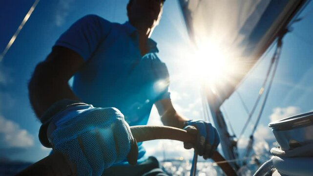 Man steering sailboat in bright summer sunlight
