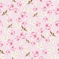 Chinoiserie floral seamless pattern with birds and flowers.