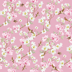 Chinoiserie floral seamless pattern with birds and flowers.