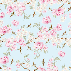 Chinoiserie floral seamless pattern with birds and flowers.