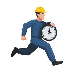 A worker in a hard hat runs while holding a stopwatch, symbolizing urgency and time management.
