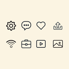 Minimalist Web Icons: Settings, Chat, Heart, Upload, Wi-Fi, Briefcase, Play, Gallery. Perfect for UI/UX, apps, and websites. Clean, modern, black and white design.