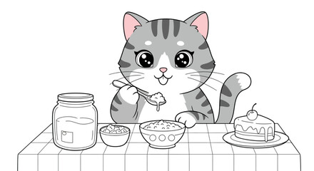 Cute cartoon cat having breakfast at a table.