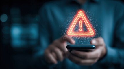 System hacked warning alert, Man using smartphone with cyber attack network, virus, spyware, scam or Malicious software. Cyber security and cybercrime. Compromised information internet. High quality