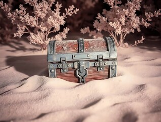 Treasure chest in sand.