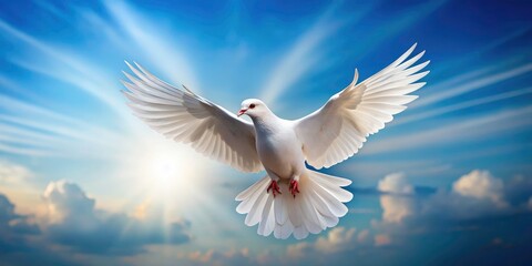 Blue sky, a dove's flightâ€”a surreal photograph capturing peace, freedom, and ethereal beauty.